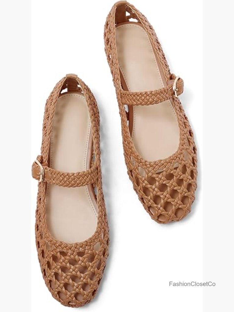 Woven Mesh Ballet Flats Square Toe Memory Foam Comfort Buckle Strap Dress Flats